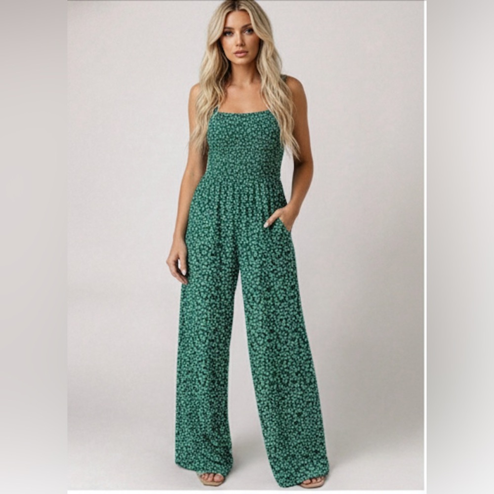 Boho Floral Loose Shirred Cami Jumpsuit With Pockets Green - Picture 3 of 8
